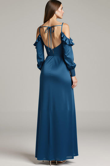 Dark Blue Satin Cold Shoulder Sheath Maxi Evening Dress